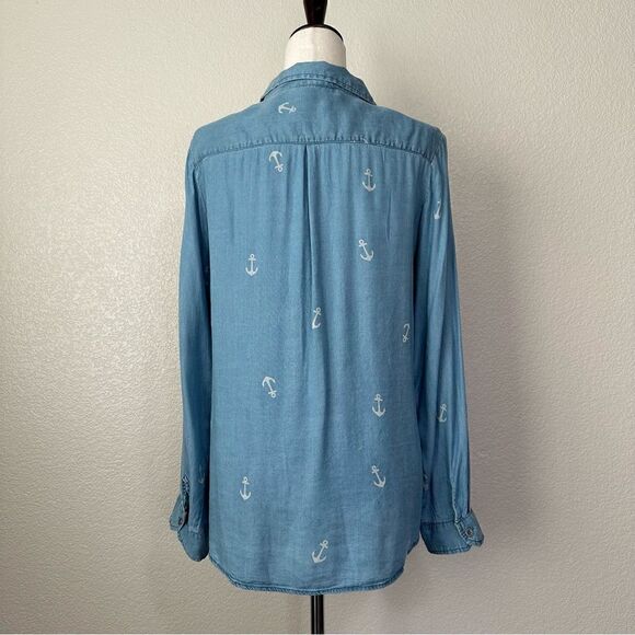 Life Style 100% Tencel Chambray Anchor Quarter Button Top - Picture 6 of 12